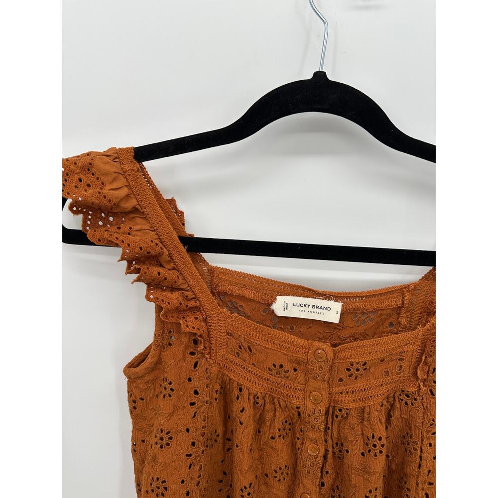 Lucky Brand Top‎ Womens Sz S Burnt Orange Lace Ruffle Button Front Boho Earthy - Picture 4 of 7